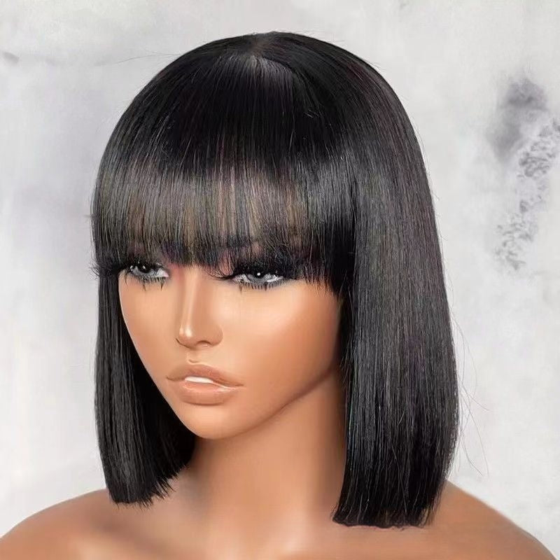 Hair Wig BOb With Bangs Realistic Look Lace Split Top Black Bobhaircut