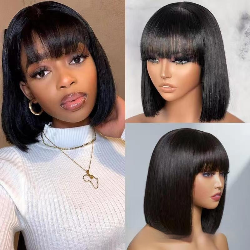 Hair Wig BOb With Bangs Realistic Look Lace Split Top Black Bobhaircut