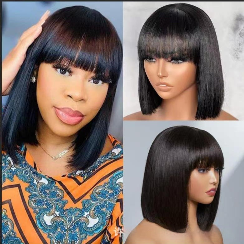 Hair Wig BOb With Bangs Realistic Look Lace Split Top Black Bobhaircut